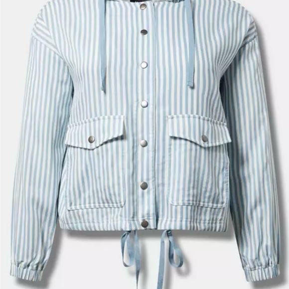 Torrid Blue and White Striped Snap Front Hooded Jacket Plus SIZE 0 (12) NWT - Picture 4 of 16